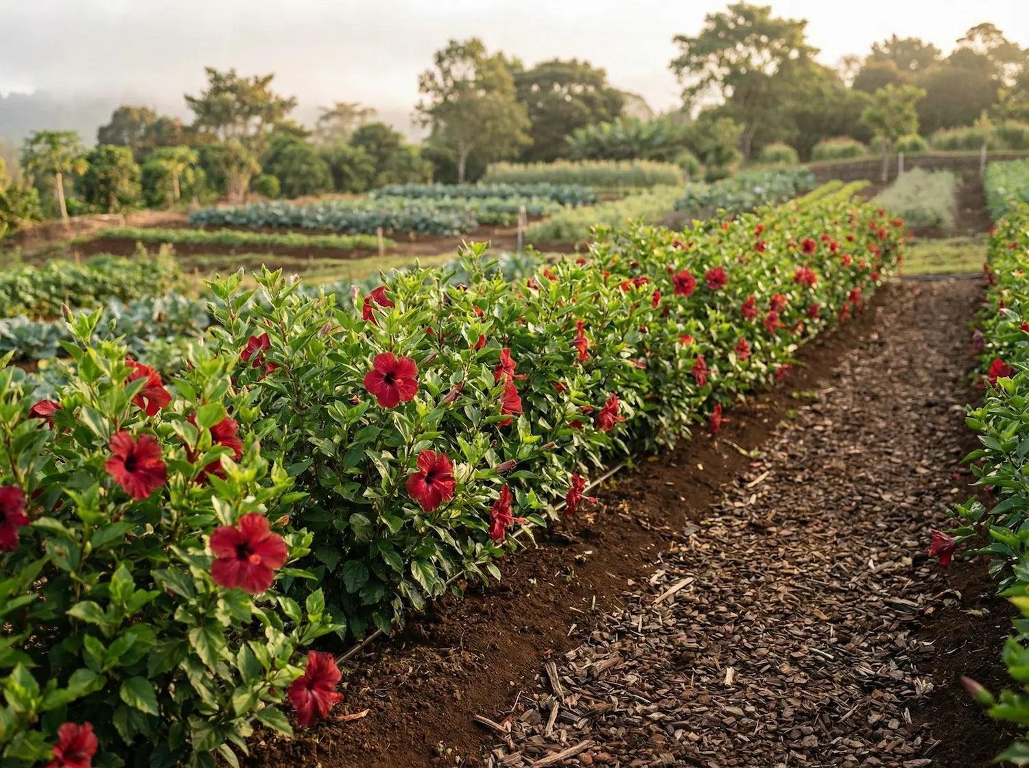 Rows of hibiscus plants on a farm