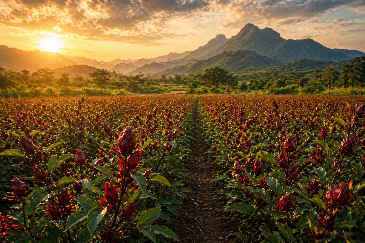 Hibiscus growing across a sunlit field